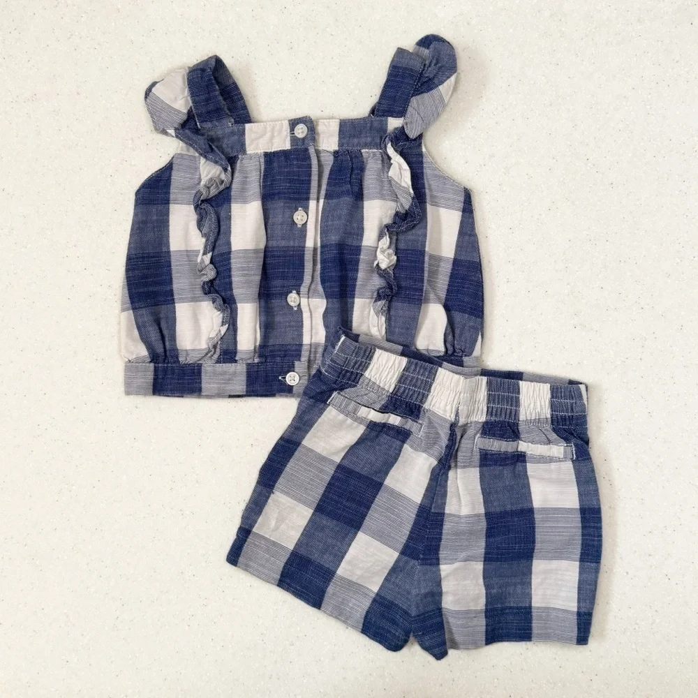 Janie and Jack 2 Piece Floral Top and Shorts Checkered Set, Blue White 6-12 mo